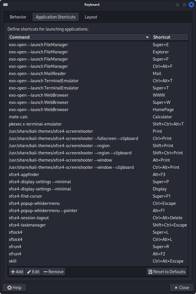 Kali Xfce 4.20 Keyboard Shortcuts