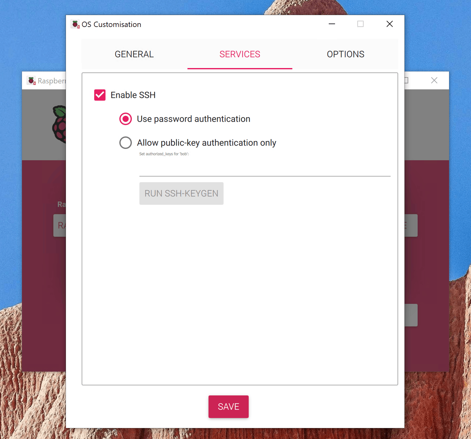 Raspberry Pi Imager Service Settings